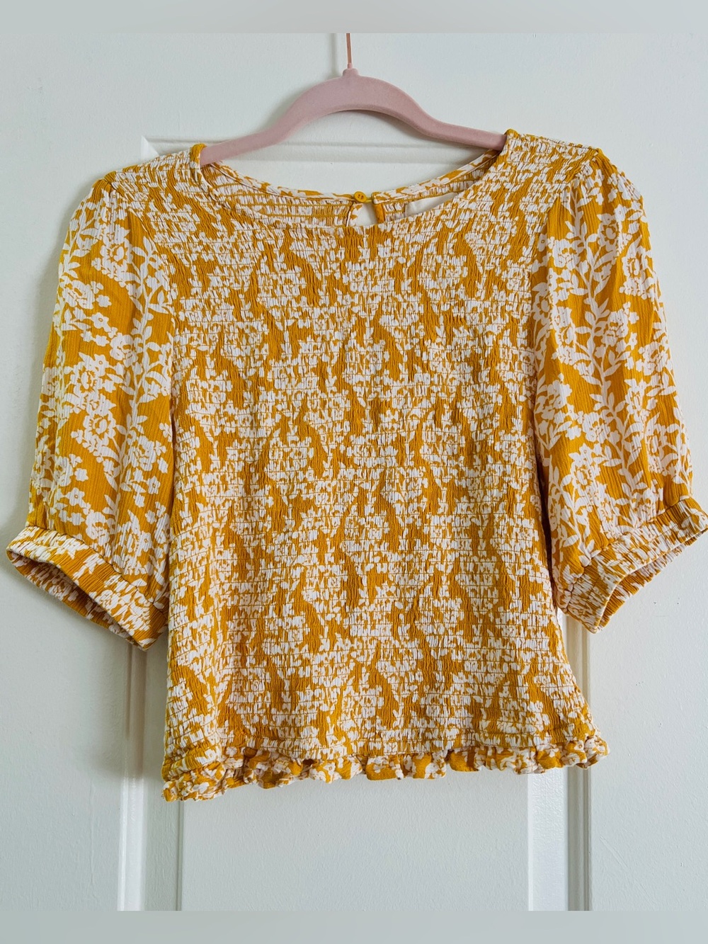 Melloday Mustard Yellow & White Floral Blouse Size Medium Boho Cottagecore Top